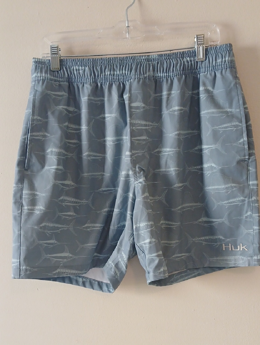 Huk Men’s Sky Blue Marlin-Pattern Swim Trunks